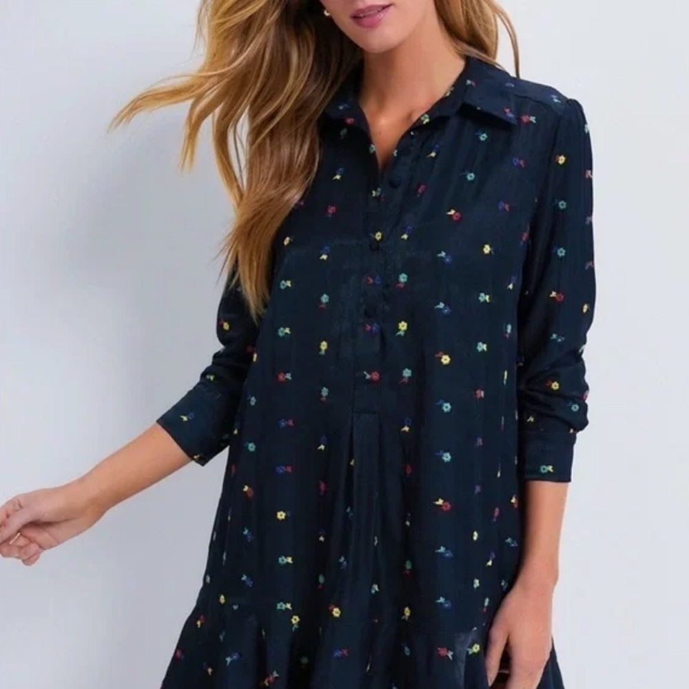 NWT Tuckernuck Navy Mini Dress with Floral Embroidery Button Up - Picture 2 of 10